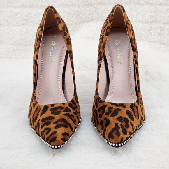 Brand New Leopard Print Stud Trim Pointy Toe High Heel Pumps - Picture 11 of 12